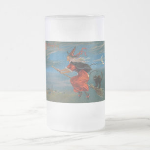 Caneca De Cerveja Vidro Jateado Bruxa voando com gato preto na noite de Halloween
