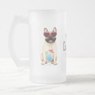 Caneca De Cerveja Vidro Jateado Bulhdog Francês de Verão