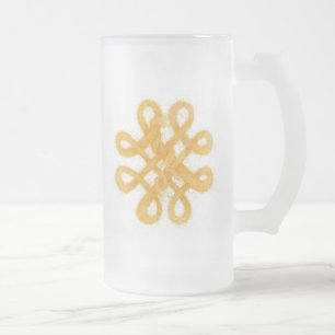 CANECA DE CERVEJA VIDRO JATEADO CANECA ALTA DE VIDRO FROSTED COM NÓ CELTA DOURADO