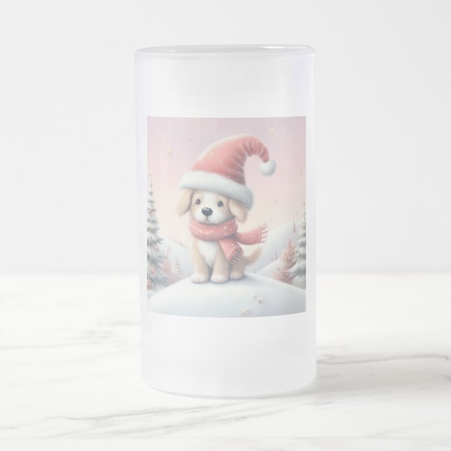 Caneca De Cerveja Vidro Jateado Cãozinho de Natal bonito com chapéu de Santa (Centro)
