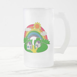 Caneca De Cerveja Vidro Jateado Cartoon rural com arco-íris e casa de campo