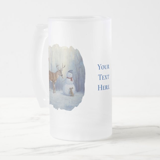 Caneca De Cerveja Vidro Jateado Cena de Férias de Inverno Deer e Happy Snowman (Frente Esquerda)