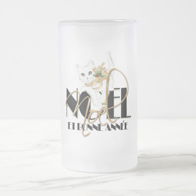 Caneca De Cerveja Vidro Jateado Chat Blanc, Noël e Bonne Année (Centro)