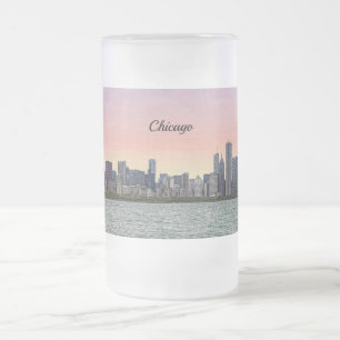 Caneca De Cerveja Vidro Jateado Chicago Skyline Painterly Fosco Mug