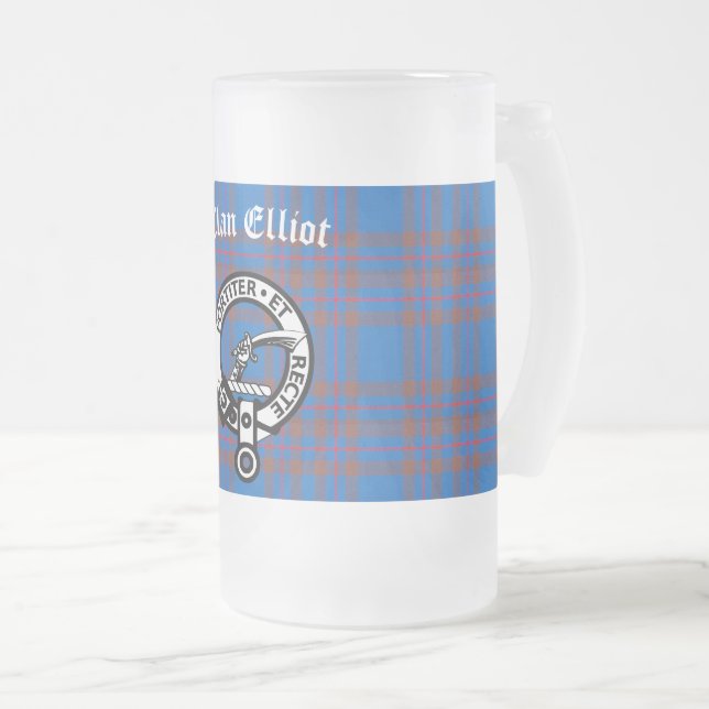 Caneca De Cerveja Vidro Jateado Clan Elliot Crest Crachá & Tartan (Frente Esquerda)