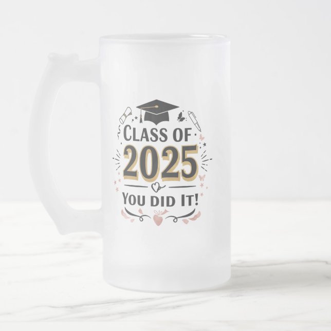 Caneca De Cerveja Vidro Jateado Classe de Mug de Graduação Rosa e Dourada 2025 (Esquerda)