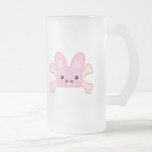 Caneca De Cerveja Vidro Jateado coelhinho kawaii rosa com ossos cruzados