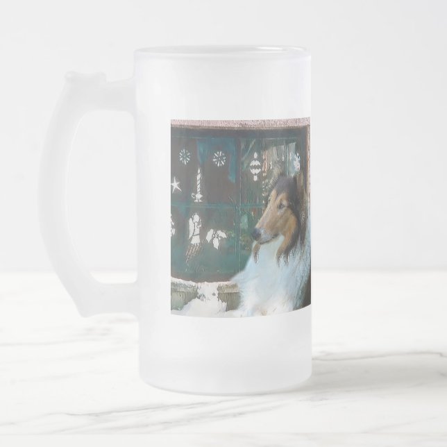 Caneca De Cerveja Vidro Jateado Collie de Natal na Janela (Esquerda)
