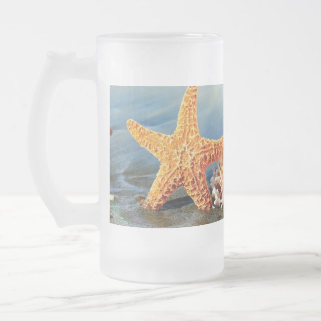 Caneca De Cerveja Vidro Jateado Conchas marítimas e estrelas-do-mar na praia (Esquerda)