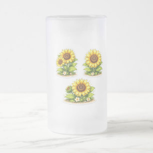 Caneca De Cerveja Vidro Jateado Copo de Cerveja Geada com Girassol em Aquarela Fof