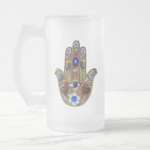 Caneca De Cerveja Vidro Jateado Corações Hamsa Flores Opala Arte em Ouro