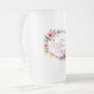 Caneca De Cerveja Vidro Jateado Coroa Floral de Aquarela do Dia das Mães em Rosa V