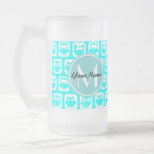 Caneca De Cerveja Vidro Jateado Corujas Aqua Turquoise Monogramadas