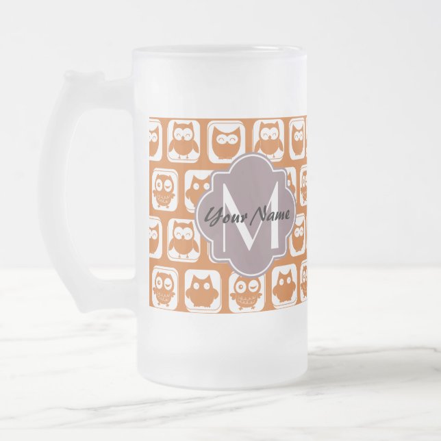 Caneca De Cerveja Vidro Jateado Corujas De Laranja Monogramas (Esquerda)