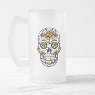 Caneca De Cerveja Vidro Jateado Crânio de Rosa Amarelo
