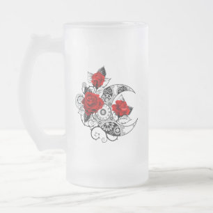 Caneca De Cerveja Vidro Jateado Crescente Mecânico com Rosas vermelhas