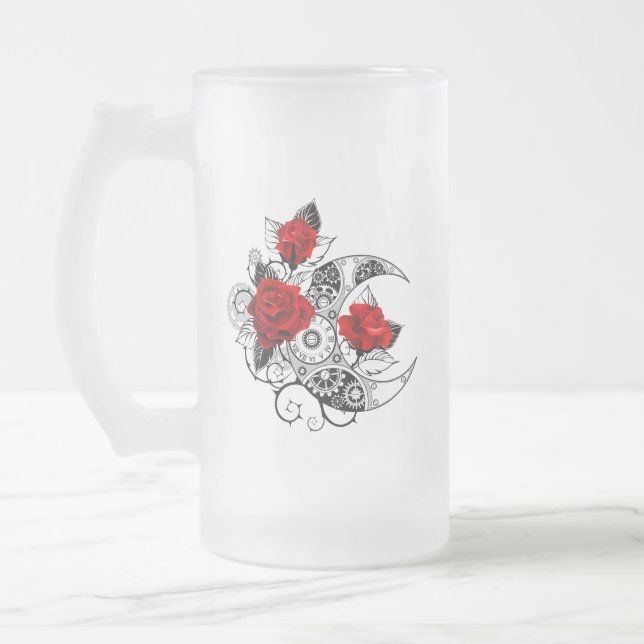 Caneca De Cerveja Vidro Jateado Crescente Mecânico com Rosas vermelhas (Esquerda)
