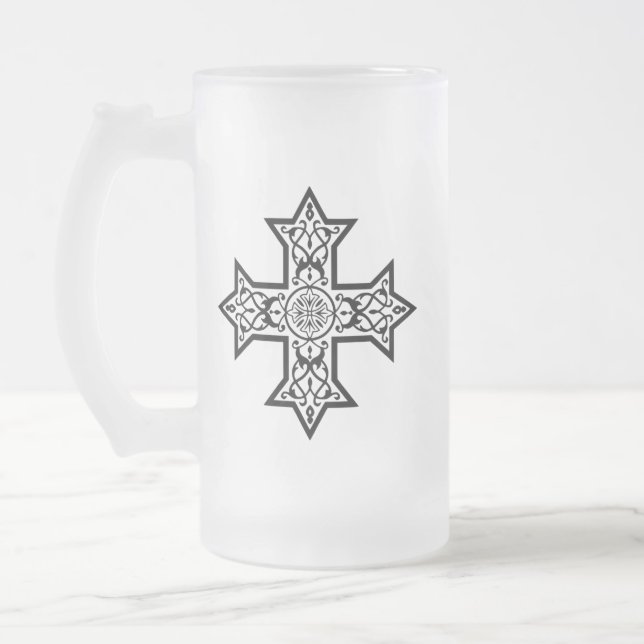 Caneca De Cerveja Vidro Jateado Cruz Copta Arte Fina Premium (Esquerda)