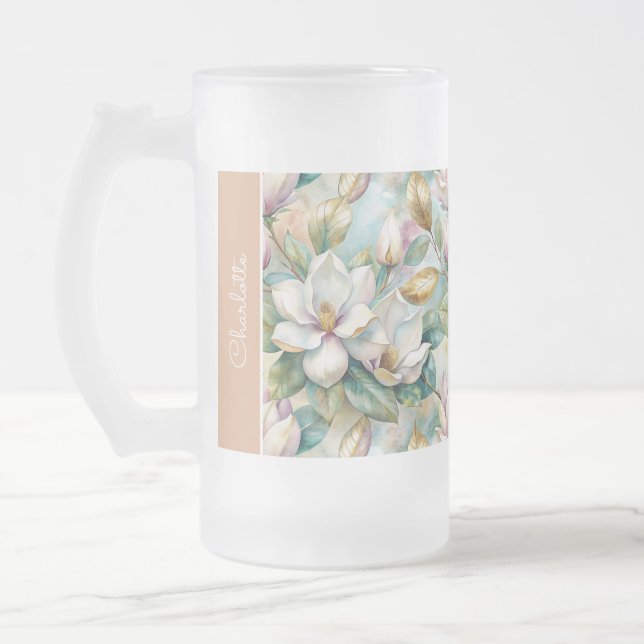 Caneca De Cerveja Vidro Jateado Custom Pattern Elegant Magnolia Flowers (Esquerda)