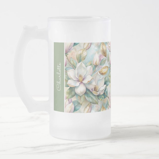 Caneca De Cerveja Vidro Jateado Custom Pattern Elegant Magnolia Flowers (Esquerda)