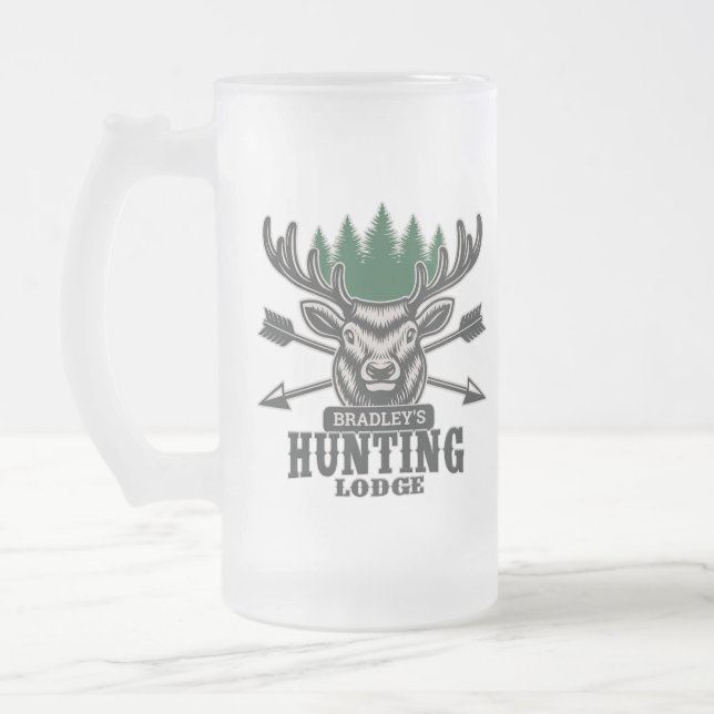 Caneca De Cerveja Vidro Jateado Deer Elk Hunter ADD NAME Arco Hunting Lodge Cabin  (Esquerda)