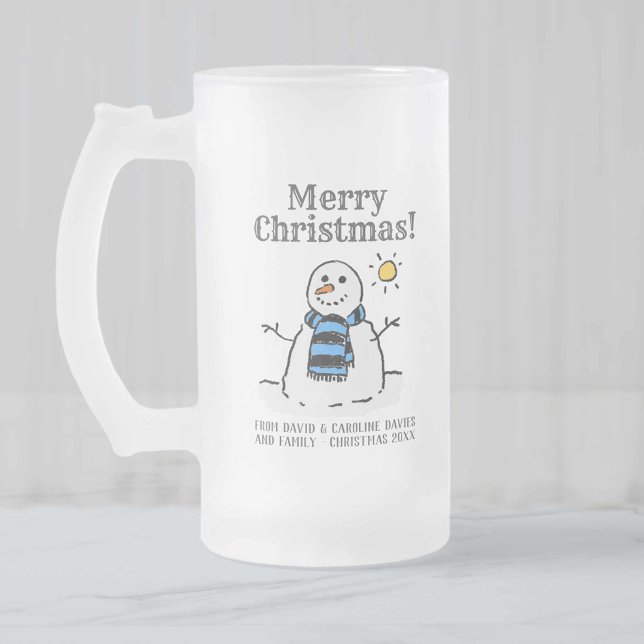 Caneca De Cerveja Vidro Jateado Design de Snowman de Natal com Saudação Pessoal (Criador carregado)