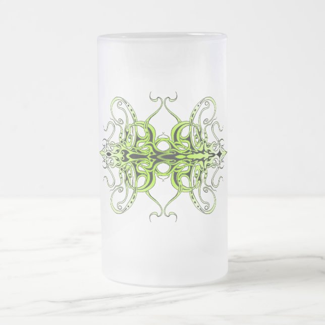 Caneca De Cerveja Vidro Jateado Design de Tatuagem Tribal Personalizada Verde (Centro)