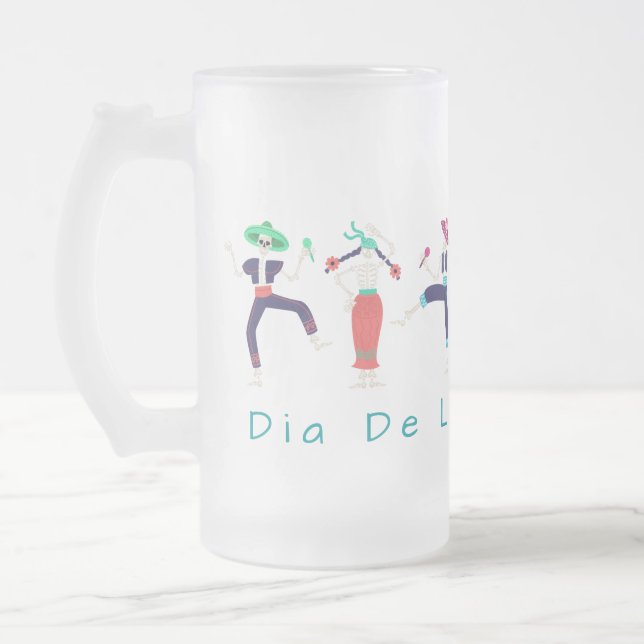 Caneca De Cerveja Vidro Jateado Dia De Las Muertos Dançando esqueletos (Esquerda)