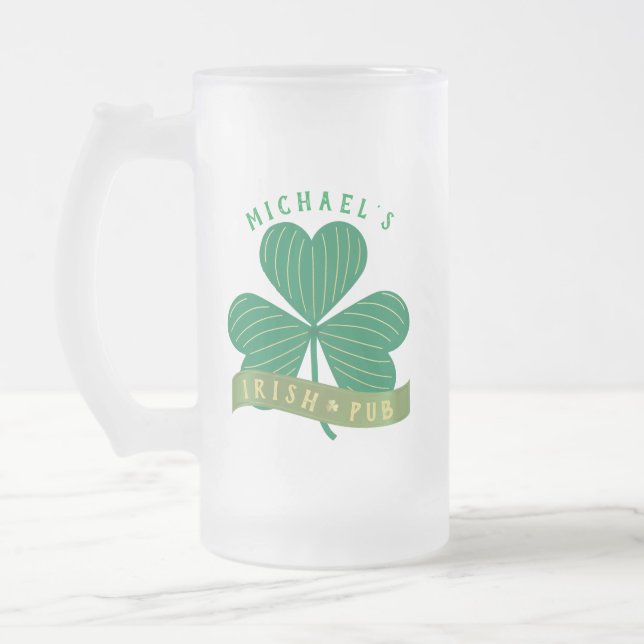 Caneca De Cerveja Vidro Jateado Dia de São Patrício Shamrock Dourado com nome pers (Esquerda)