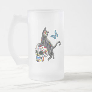 Caneca De Cerveja Vidro Jateado Dia Do Crânio E Borboleta De Açúcar De Gato Morto