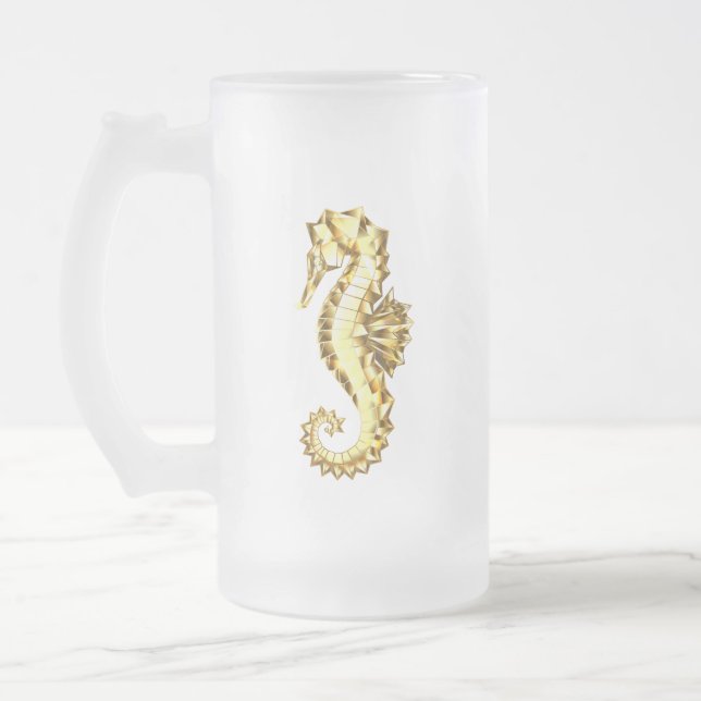 Caneca De Cerveja Vidro Jateado Dourado Cavalo de Mar Poligonal (Esquerda)