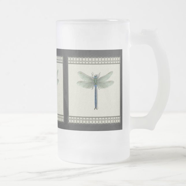 Caneca De Cerveja Vidro Jateado Dragonfly Azul Elegante (Direita)