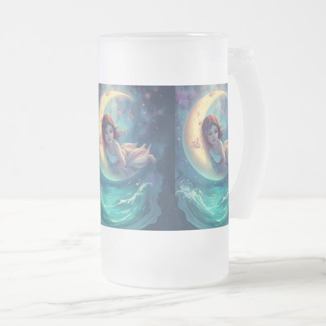 Caneca De Cerveja Vidro Jateado Dreamy Moon Girl Mug Design | Cute Baby Moon Art | (Frente Esquerda)