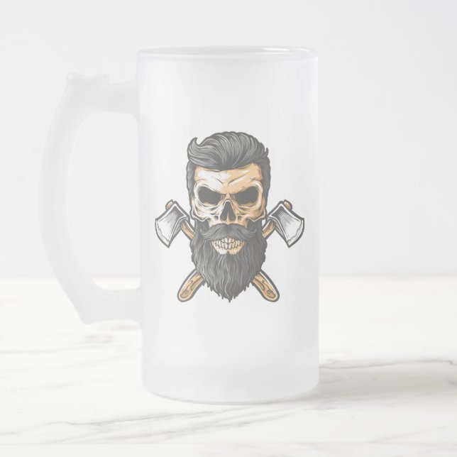 Caneca De Cerveja Vidro Jateado Eixos Cruzados Do Crânio De Lumberjack (Esquerda)