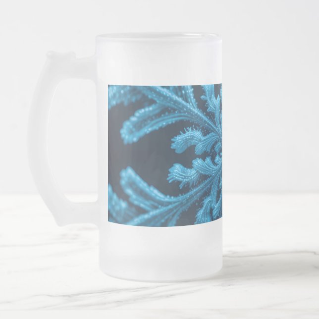 Caneca De Cerveja Vidro Jateado Elegância Congelada: Floco de Neve Azul Intriciado (Esquerda)