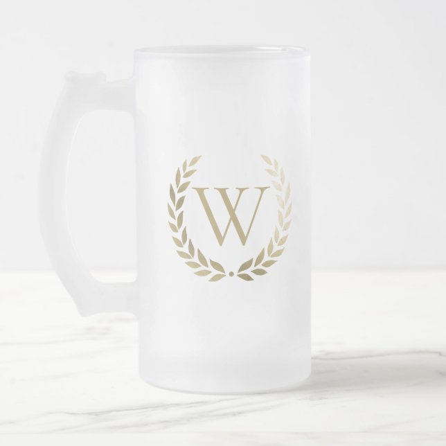 Caneca De Cerveja Vidro Jateado Elegante Dourada Laurel Wreath Monograma (Esquerda)
