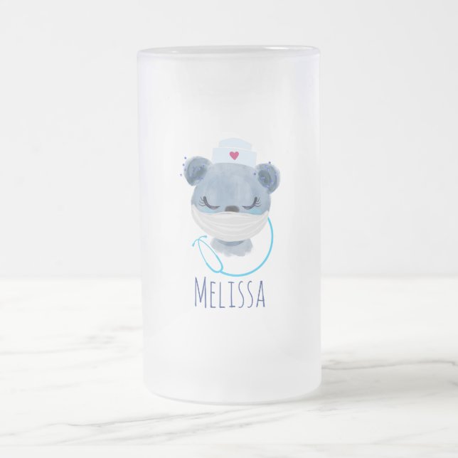 Caneca De Cerveja Vidro Jateado Enfermeira de Urso Bonito Vestindo uma Máscara Méd (Centro)