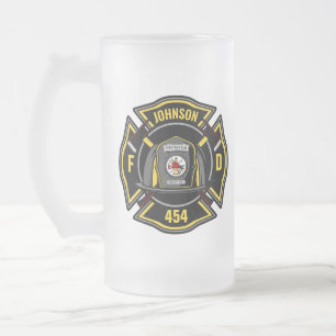 Caneca De Cerveja Vidro Jateado Equipe de resgate do corpo de bombeiros ADD NAME
