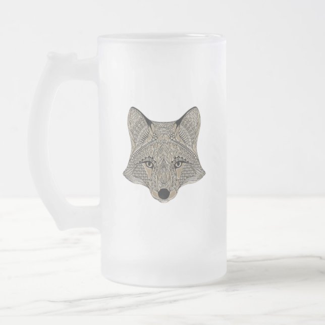 Caneca De Cerveja Vidro Jateado Face de Raposa Metálica (Esquerda)