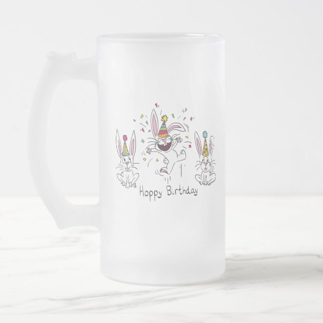 Caneca De Cerveja Vidro Jateado Feliz Aniversário Feliz Coelhos Coelhinhos Bebidas (Esquerda)