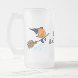 Caneca De Cerveja Vidro Jateado Feliz bruxa das bruxas-abóbora, vassoura-voadora