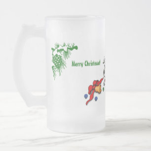 Caneca De Cerveja Vidro Jateado Feliz Natal! Filhote de cachorro com Bell e bola