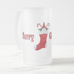 Caneca De Cerveja Vidro Jateado Feliz Natal Gnomo em Red Stocks Candy Canes