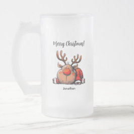 Caneca De Cerveja Vidro Jateado Feliz Natal Rena Personalizada Divertida