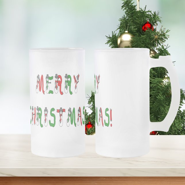 Caneca De Cerveja Vidro Jateado Feliz Natal Snowman Font Fosco Mug (Merry Christmas Snowman Font Frosted Mug)