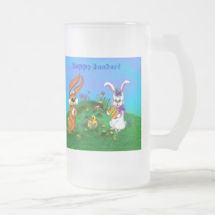 Caneca De Cerveja Vidro Jateado Feliz Páscoa! Coelho com Bunny e Pintinho