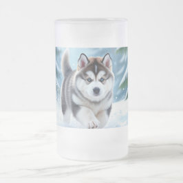 Caneca De Cerveja Vidro Jateado Filhote de Malamute na Neve