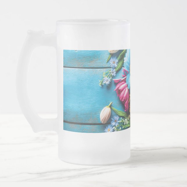 Caneca De Cerveja Vidro Jateado Flores Coloridas (Esquerda)