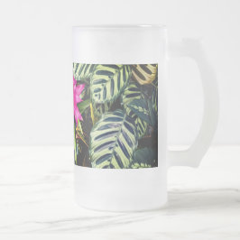 Caneca De Cerveja Vidro Jateado Flores cor-de-rosa, plantas tropicais