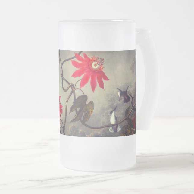 Caneca De Cerveja Vidro Jateado Flores de Paixão com Pássaros Hummingbird (Frente Esquerda)